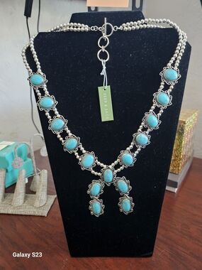 Sterling Silver And Turquoise Squash Blossom Statement Necklace 26" NWT